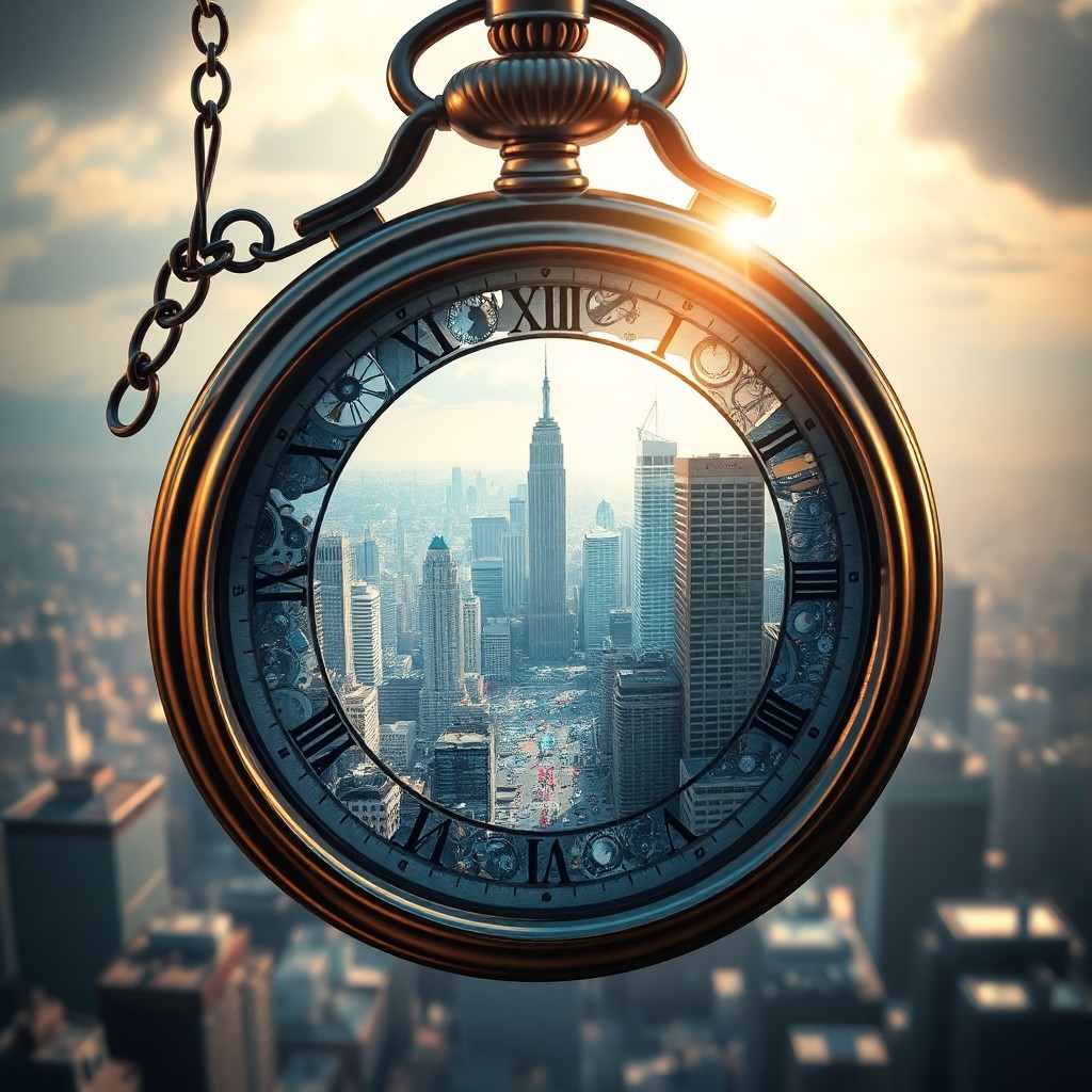 AI generated art for prompt: A mesmerizing digital artwork showcases an enchanting scene where an oversized pocket watch, adorned