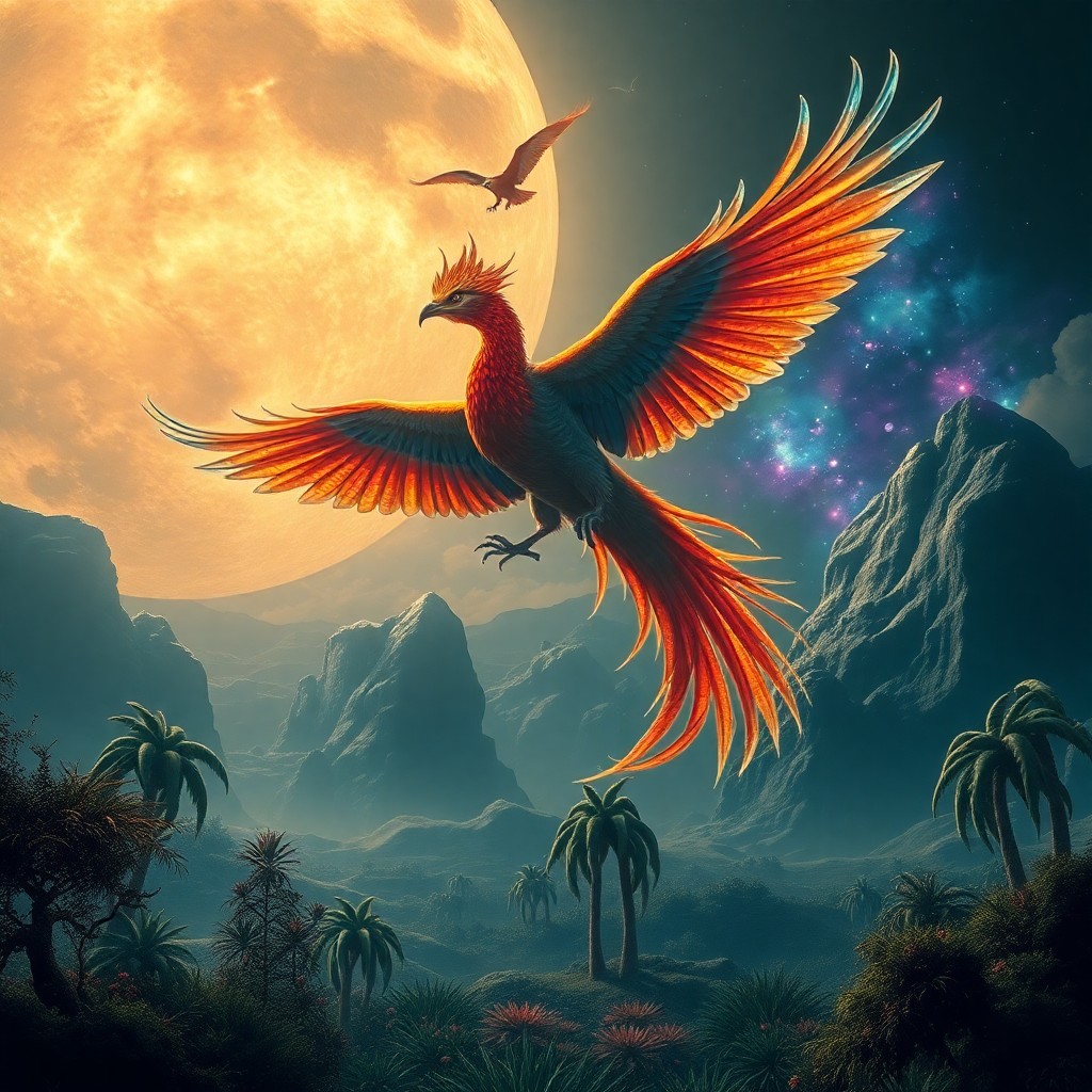 AI generated art for prompt: An enchanting dream sequence unfolds, featuring a majestic phoenix soaring above an otherworldly lun