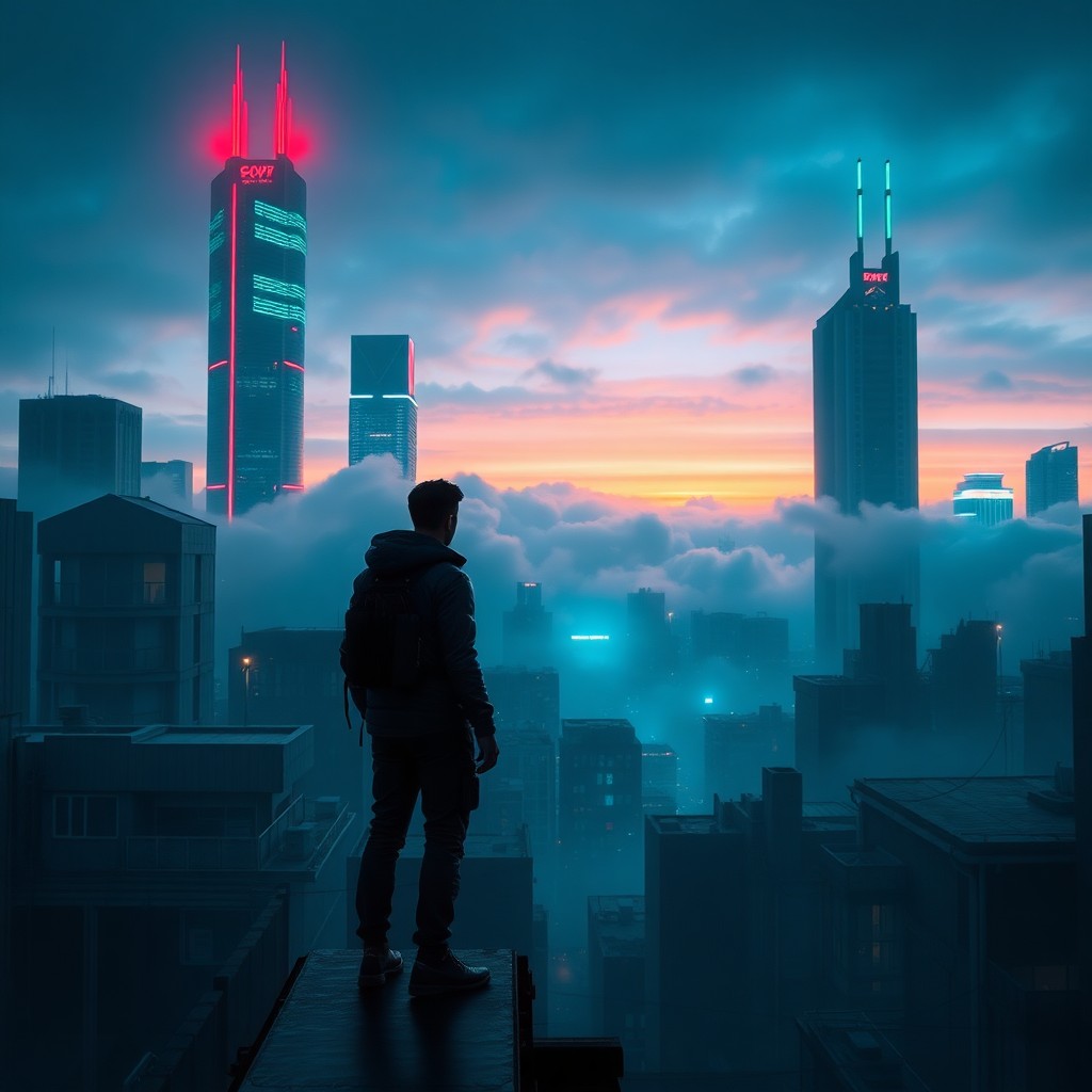 AI generated art for prompt: A futuristic metropolis bathes in the twilight glow as skyscrapers emerge from a thick cloud layer, 