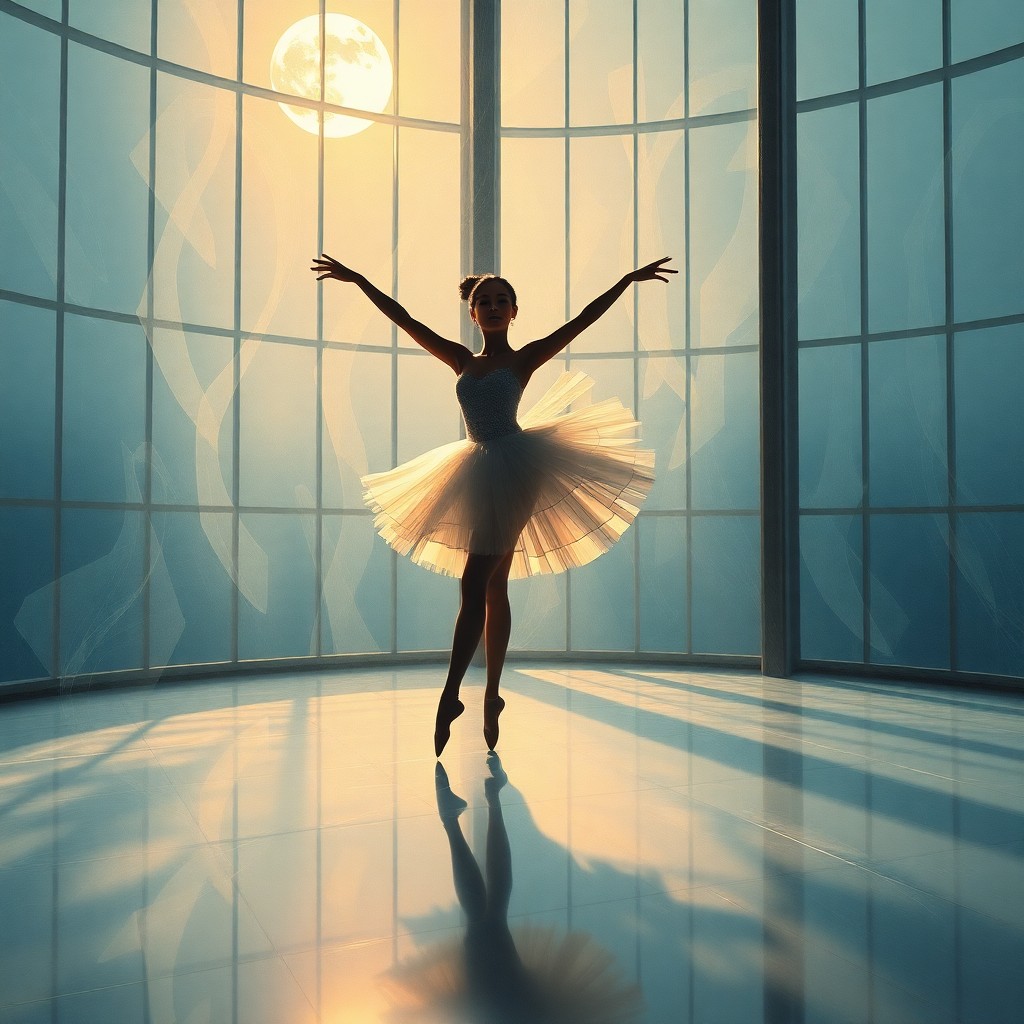 AI generated art for prompt: Envision an enchanting ballerina pirouetting on a stage made of fragile, gossamer glass sheets. Bath