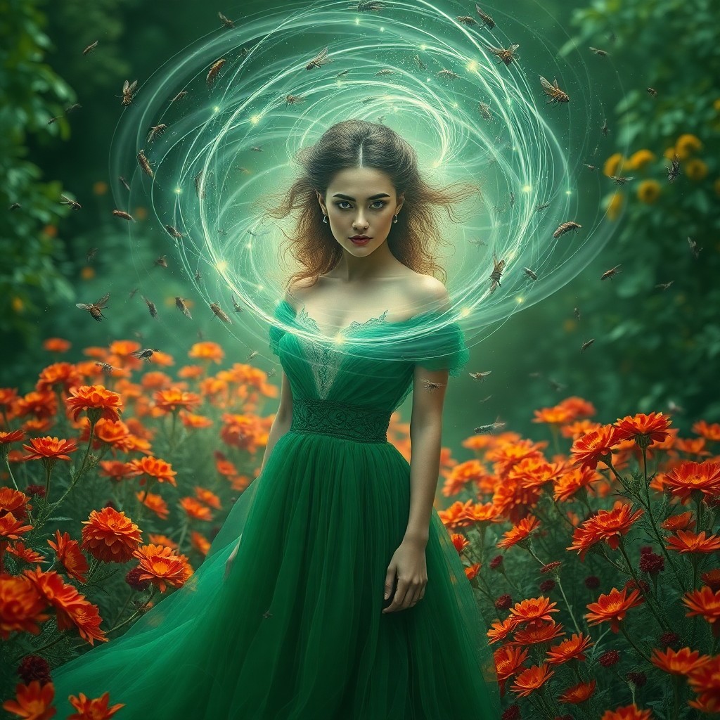 AI generated art for prompt: A digital artwork portraying a woman in an emerald gown, encircled by a swirling vortex of insects, 