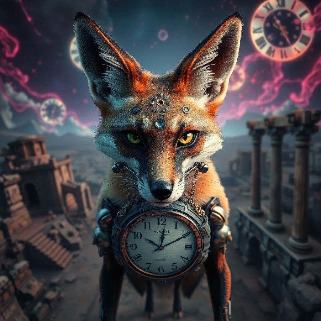 AI generated art for prompt: A surrealistic portrait of Sela the Vixen, a cyborg fox, where her sleek fur transitions into mechan