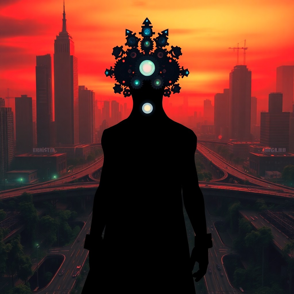 AI generated art for prompt: A surreal digital artwork showcasing an enigmatic figure adorned with a crown made of interlocking g