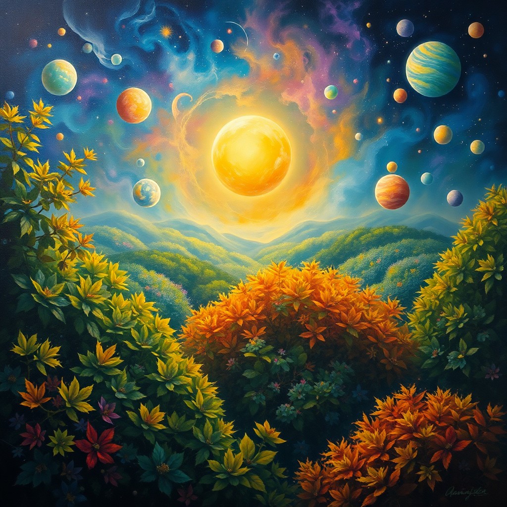 AI generated art for prompt: An oil painting in a whimsical style, depicting a fantastical fusion of celestial bodies and earthly