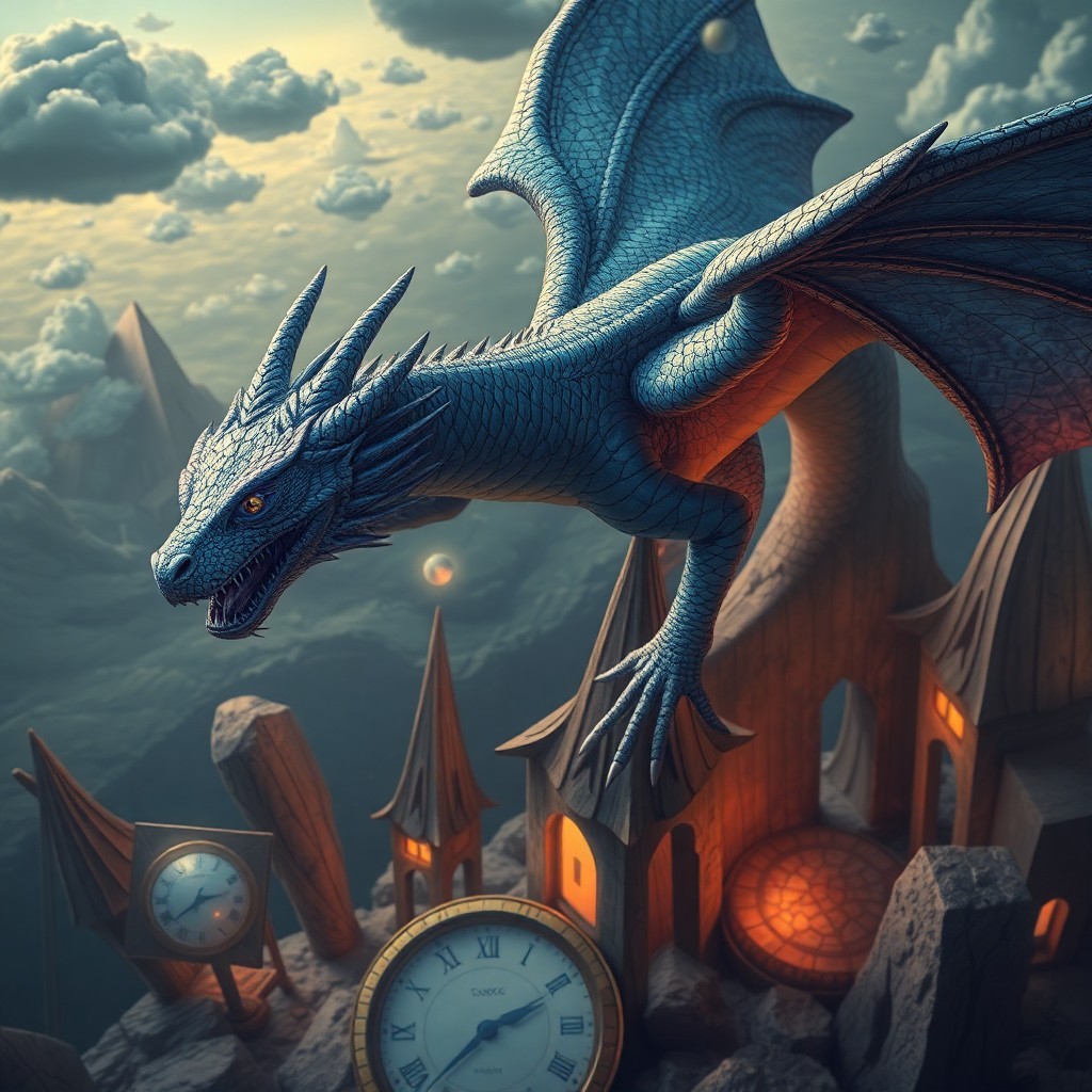 AI generated art for prompt: Create an image in a surrealistic style depicting a majestic dragon with iridescent scales and vibra