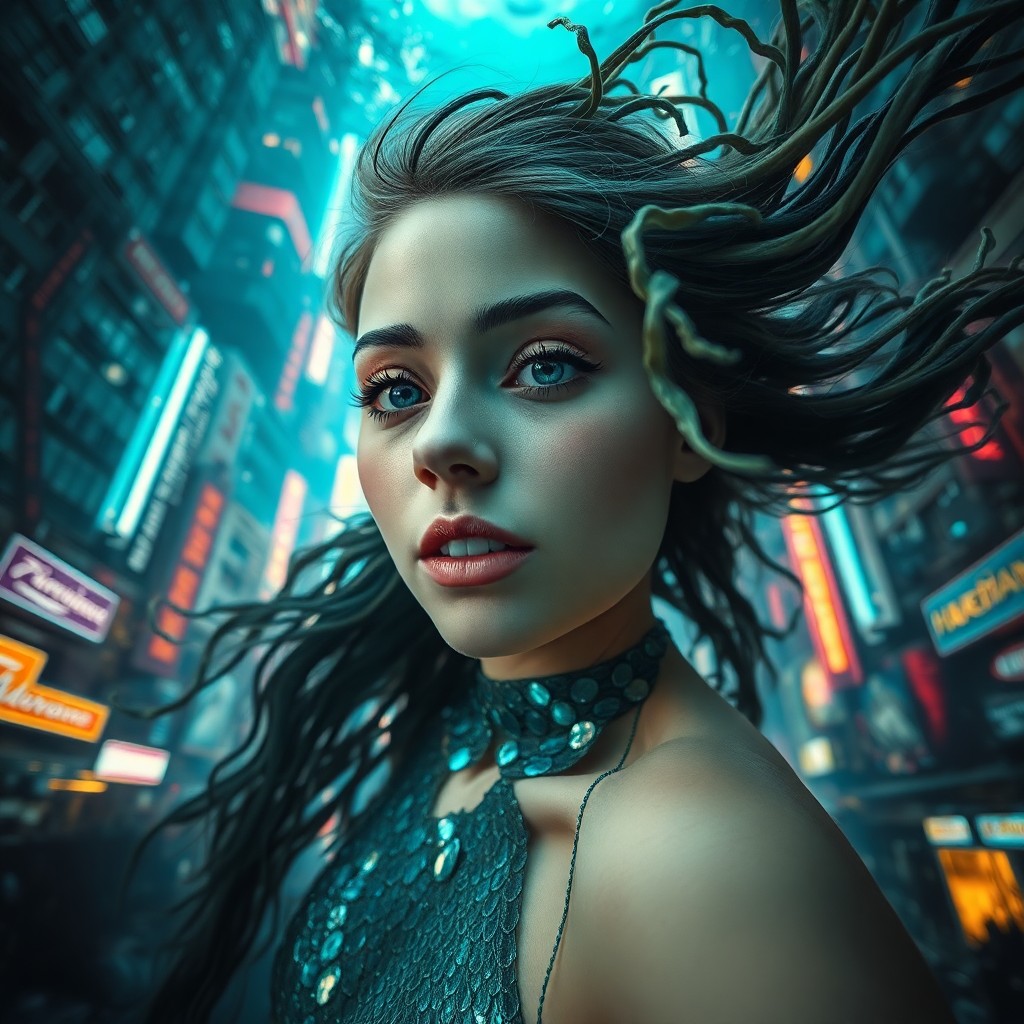 AI generated art for prompt: A portrait of an enigmatic underwater mermaid character amidst a vibrant cityscape, reminiscent of a