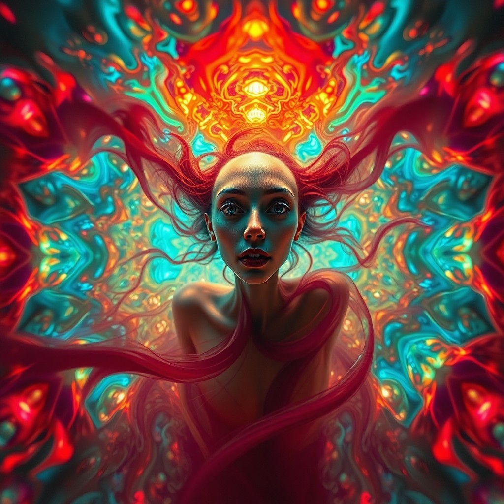 AI generated art for prompt: A portrait of an enigmatic figure immersed in a mesmerizing whirlpool of luminous colors, observed f