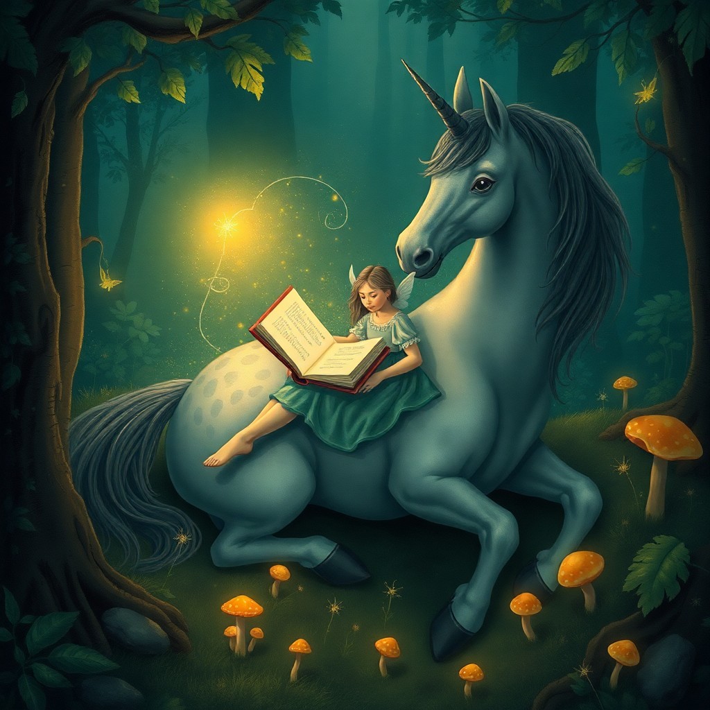 AI generated art for prompt: In the enchanting style of classic faerie tale illustrations, depict an idyllic woodland scene. A ma