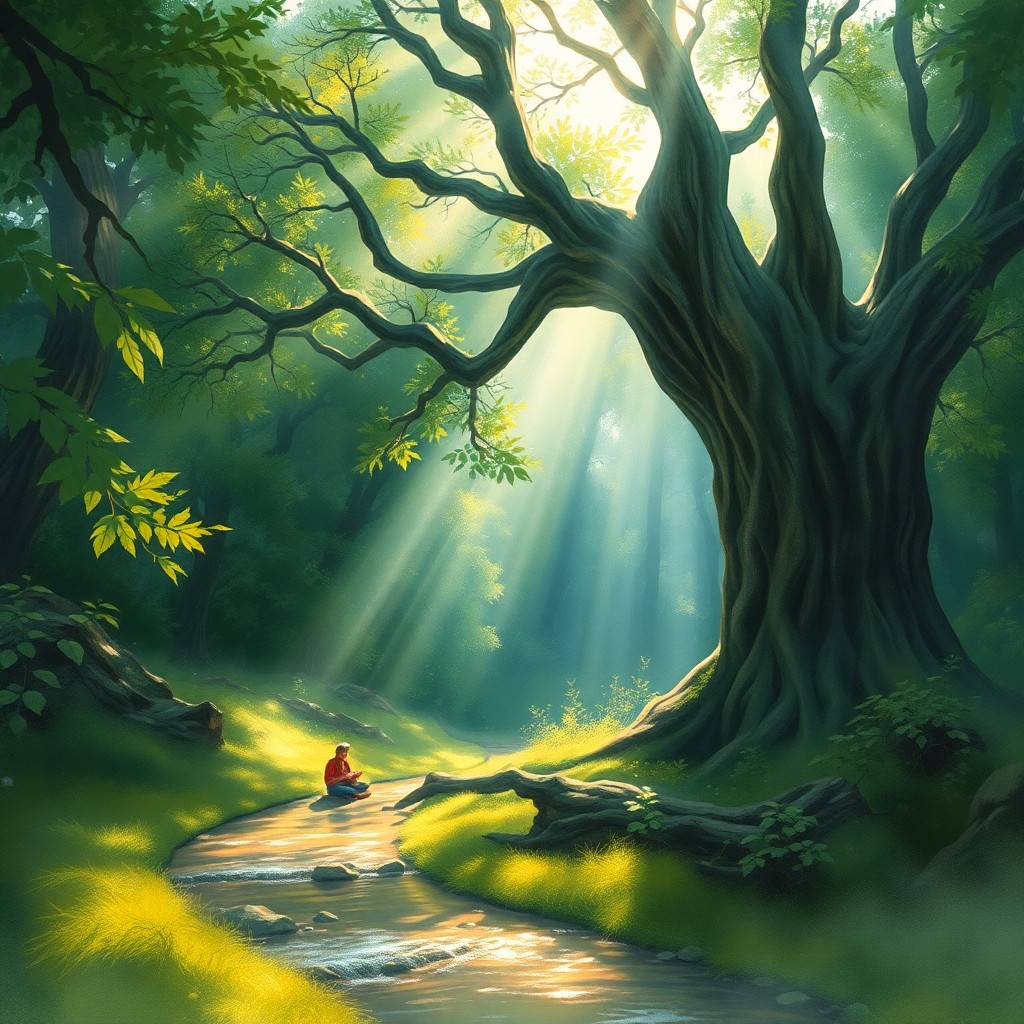 AI generated art for prompt: Visualize an idyllic, early morning in a dense, age-old forest, evoking the mesmerizing watercolor t