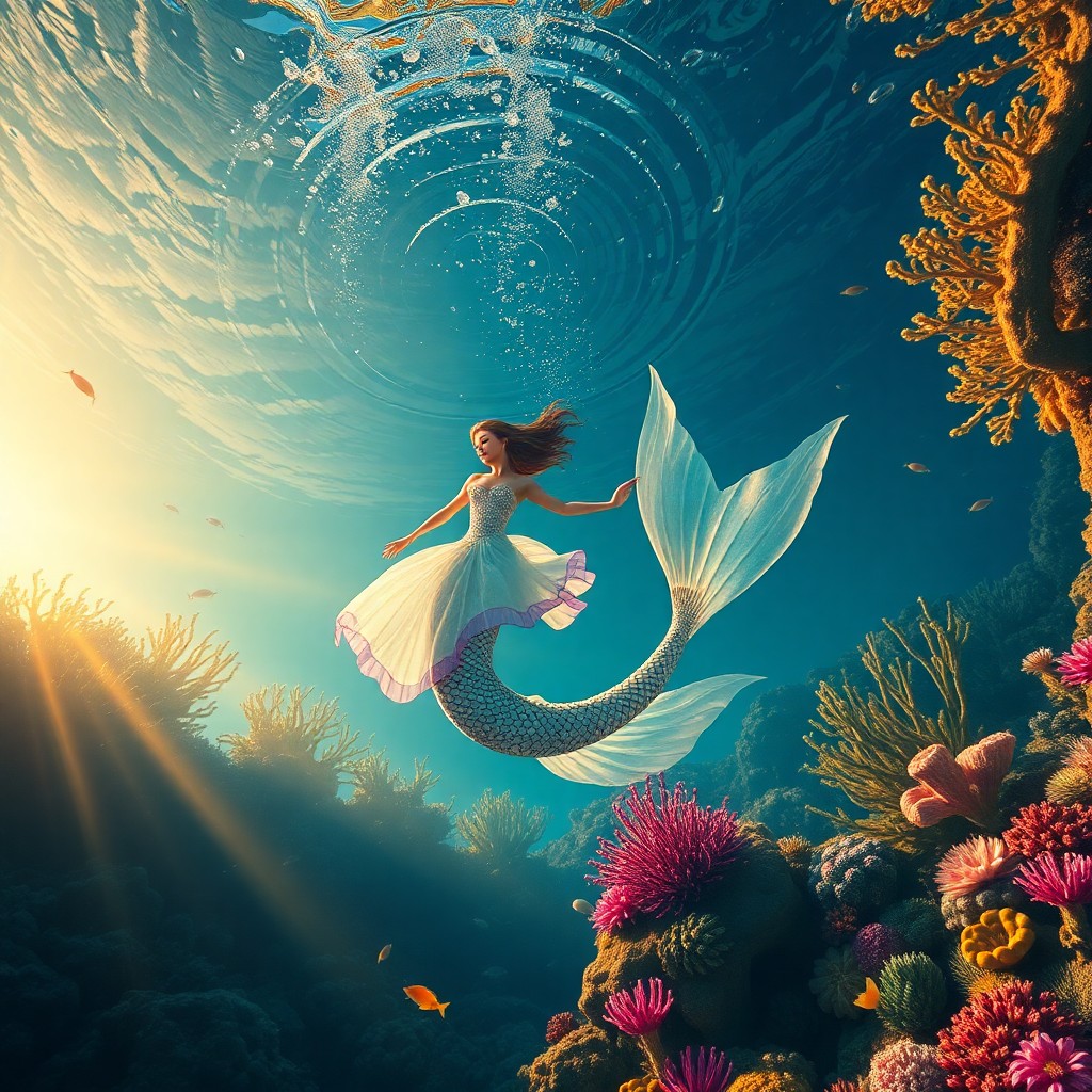 AI generated art for prompt: Visualize an enchanting underwater scene capturing a mystical mermaid with shimmering iridescent sca