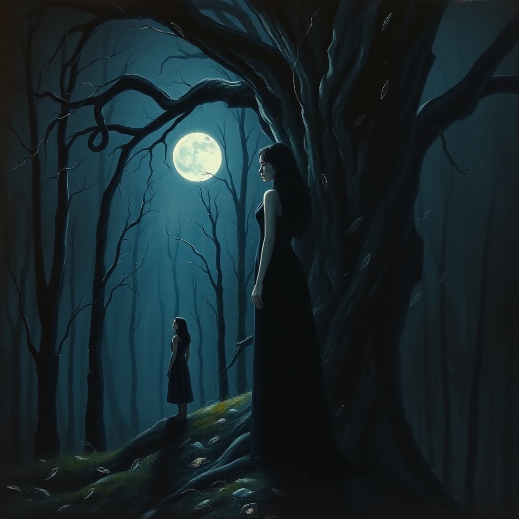 AI generated art for prompt: A mesmerizing oil painting captures a hauntingly beautiful scene in a moonlit forest, where a myster