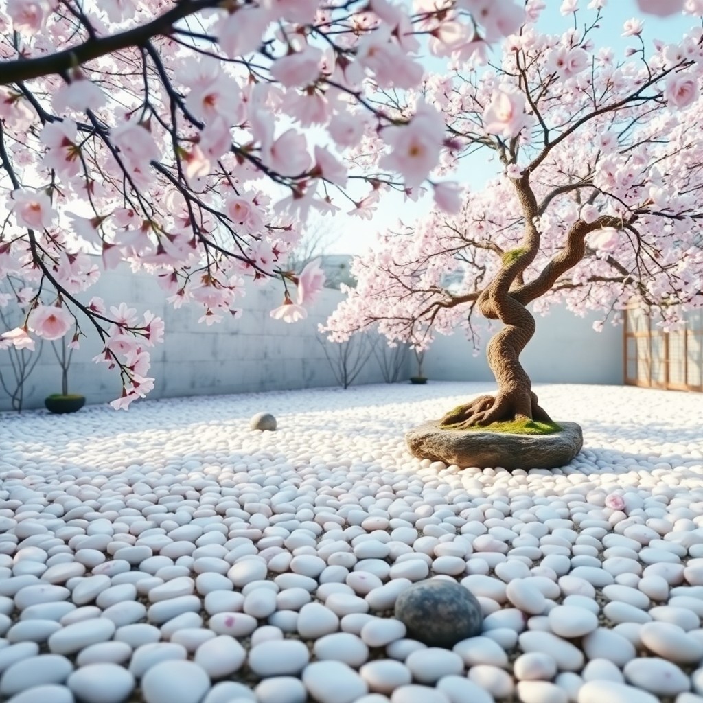 AI generated art for prompt: An impressionistic scene depicting a tranquil Japanese zen garden in full bloom during cherry blosso