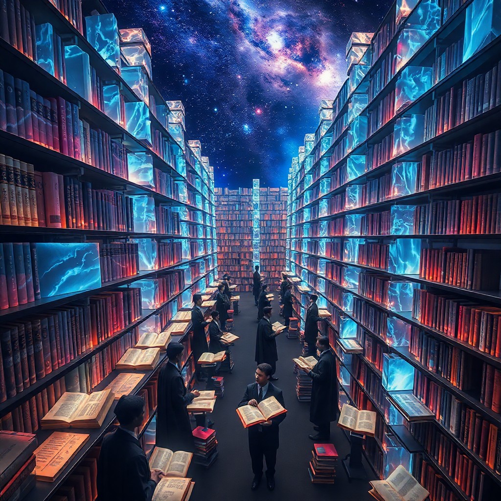 AI generated art for prompt: An infinite library stretches across a boundless cosmos in this surreal digital art piece, with towe