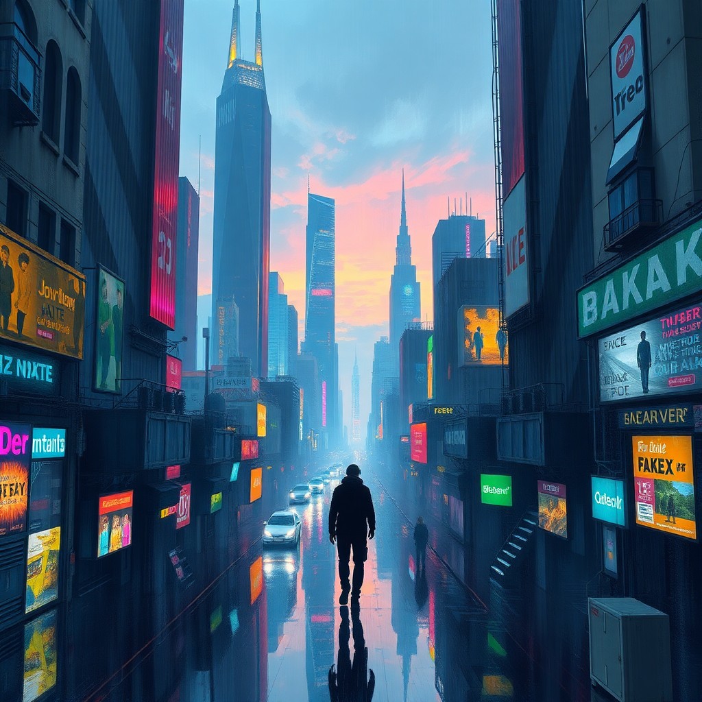 AI generated art for prompt: A futuristic cityscape at twilight, where towering skyscrapers cast long shadows over an expansive m