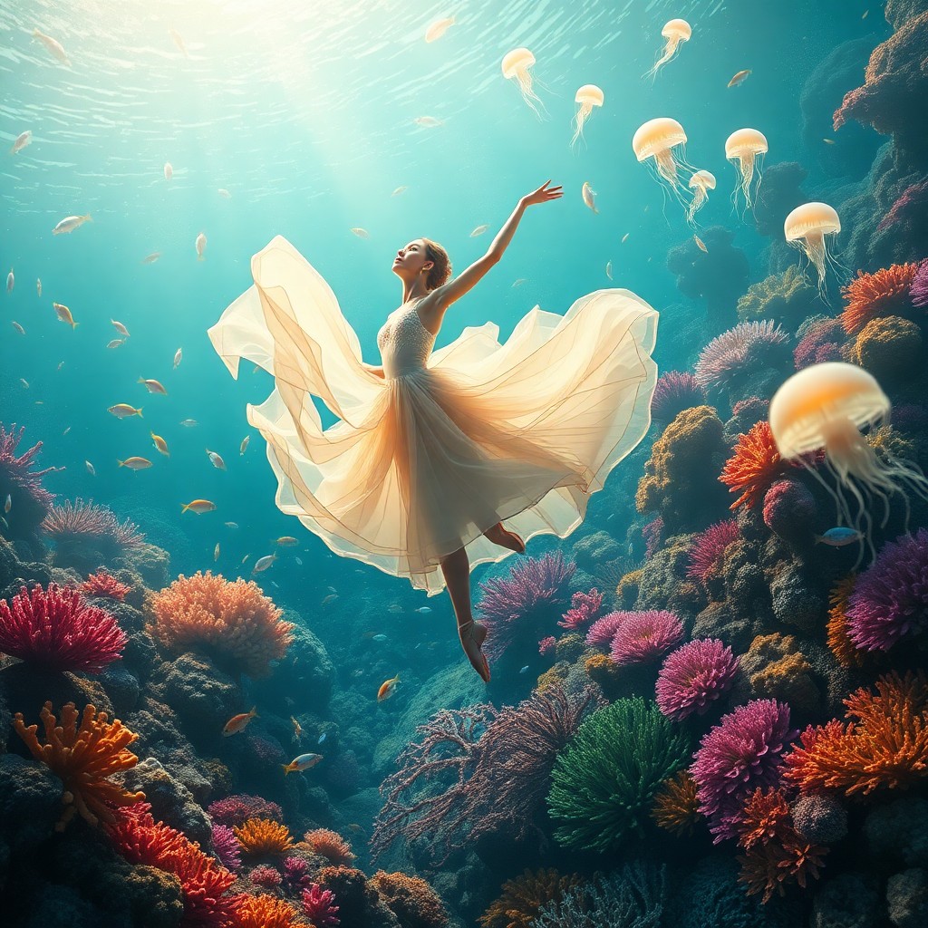 AI generated art for prompt: Envision an enchanting underwater dreamscape where a graceful ballet dancer pirouettes elegantly ami