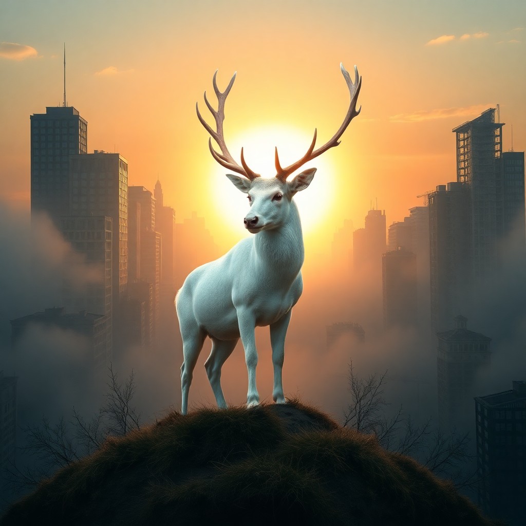 AI generated art for prompt: Imagine an enchanting portrait of an elegant white stag crowned with gleaming antlers, set against a