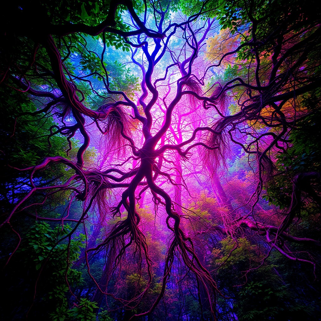 AI generated art for prompt: An aerial perspective reveals a surreal forest where tangled vines and roots float in midair, creati