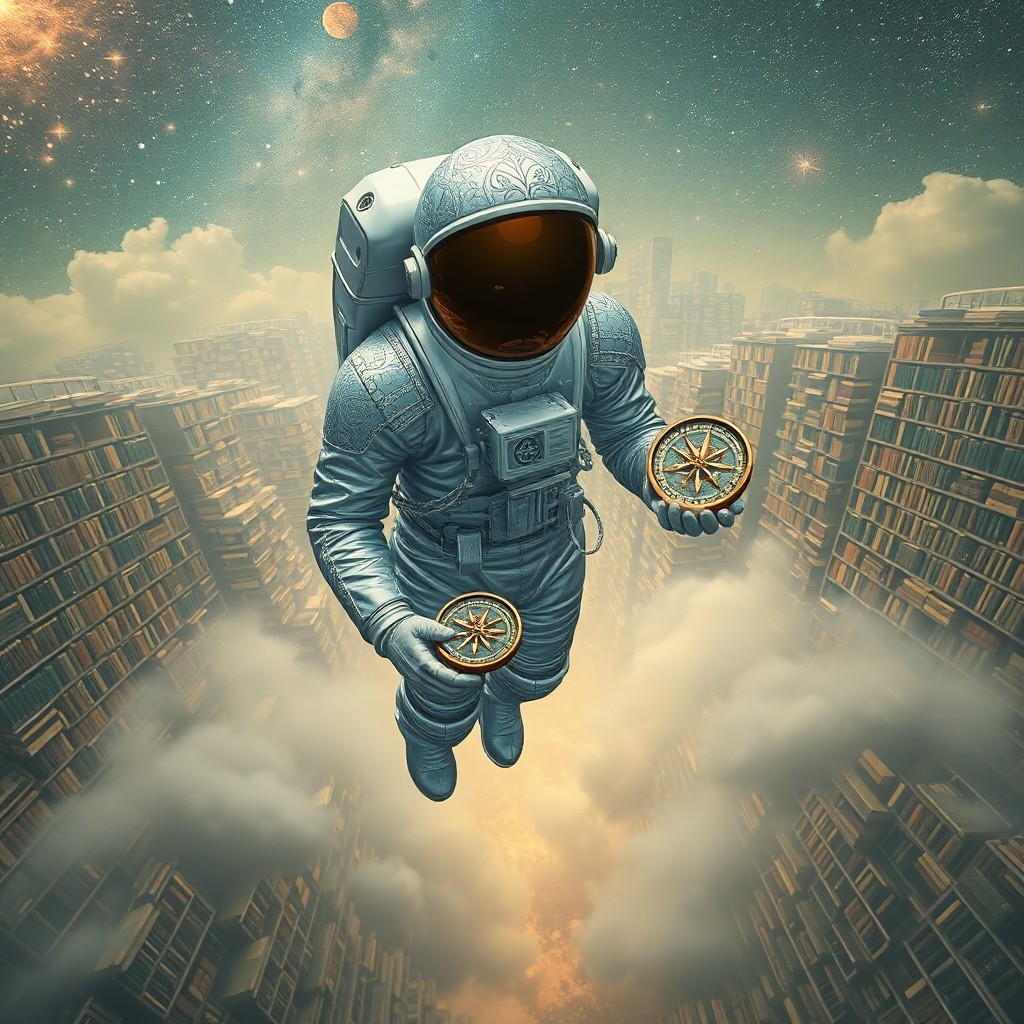 AI generated art for prompt: Immerse in a surreal scene where an astronaut-like figure drifts against a mysterious backdrop of an