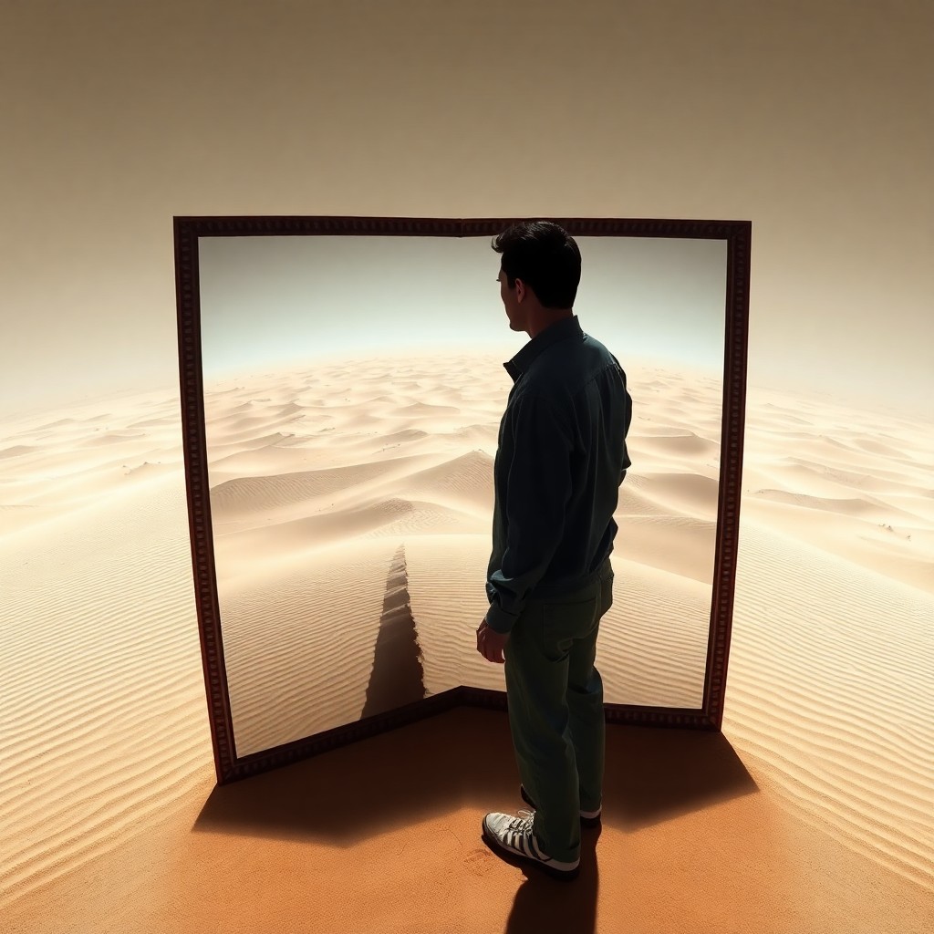 AI generated art for prompt: A surreal digital artwork portrays a man standing before an unusual mirror, revealing not his reflec