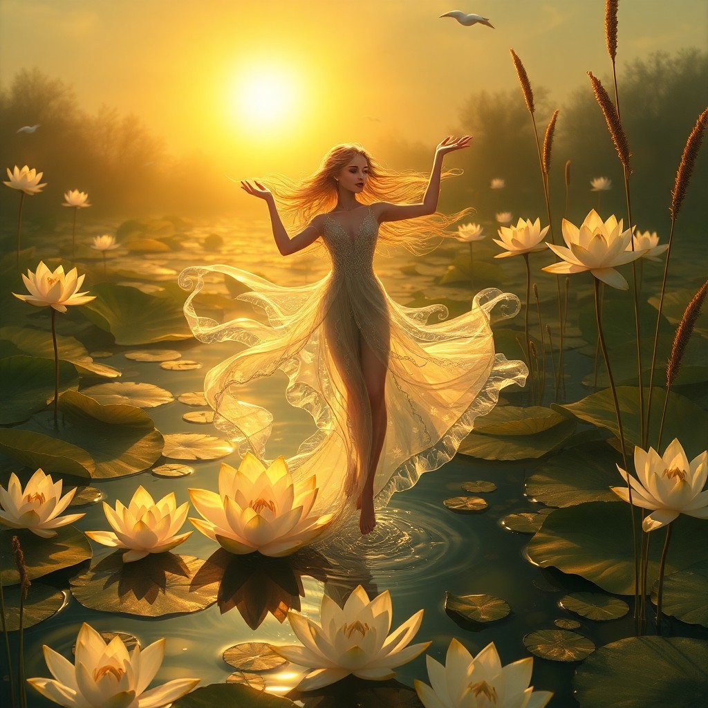 AI generated art for prompt: A mesmerizing scene showcases a whimsical water spirit gracefully dancing within a lively lily pond,