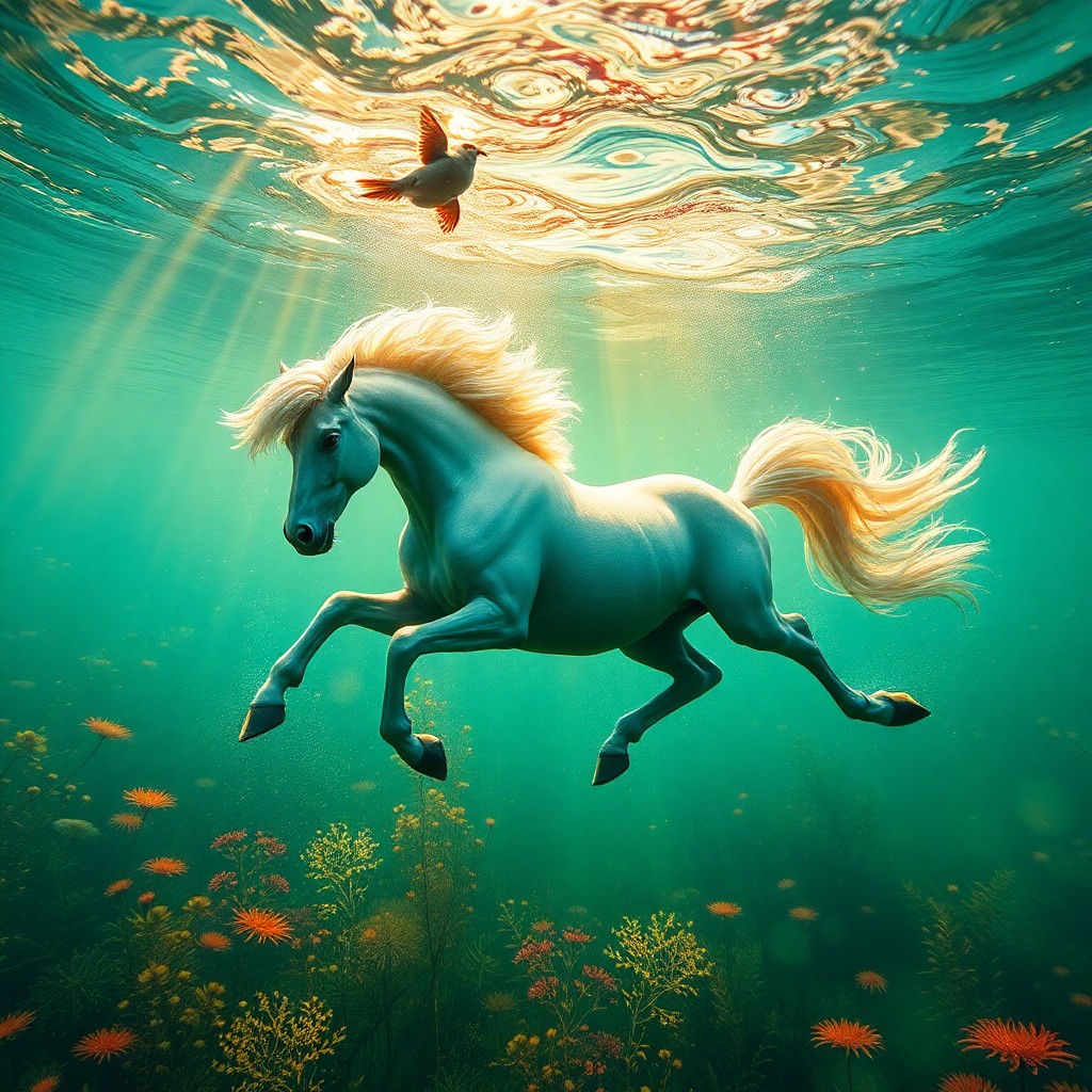 AI generated art for prompt: A majestic mythical creature gracefully gallops through a vibrant underwater scene reminiscent of an