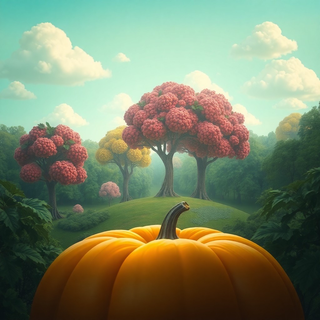 AI generated art for prompt: A dreamy digital artwork depicting an enchanting forest landscape where oversized, vivid fruit trees