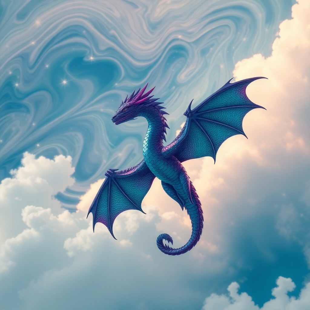 AI generated art for prompt: Imagine a scene where a magnificent dragon with scales reflecting an array of deep purple and vibran