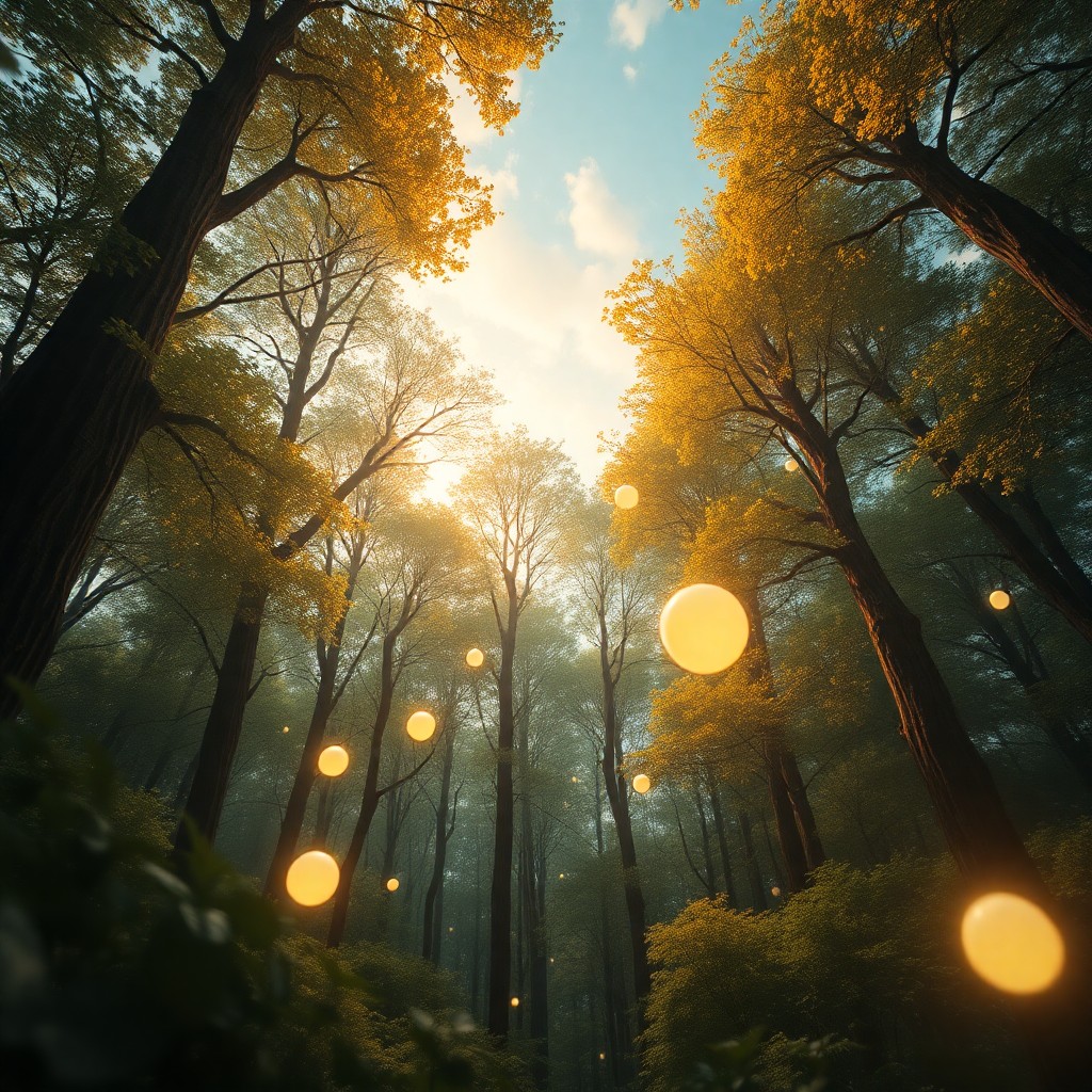 AI generated art for prompt: A mesmerizing digital artwork portrays an enchanting forest scene from an unconventional perspective