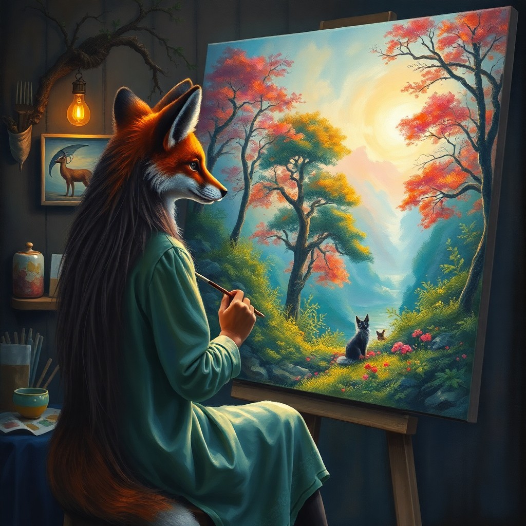 AI generated art for prompt: An accomplished fox painter works diligently in her inviting studio, skillfully bringing to life an 