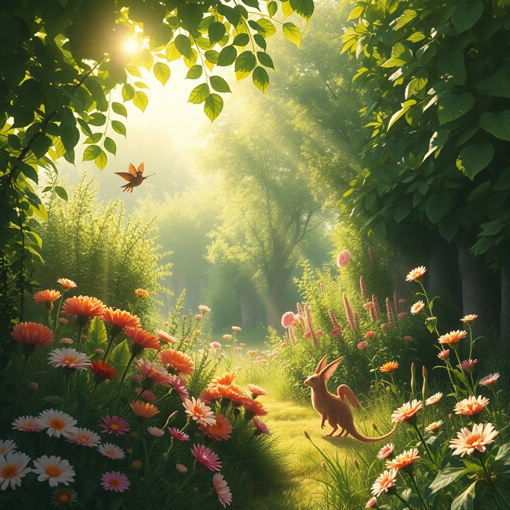 AI generated art for prompt: Envision an idyllic garden scene, where sunlight filters through verdant foliage in soft dapples, ca