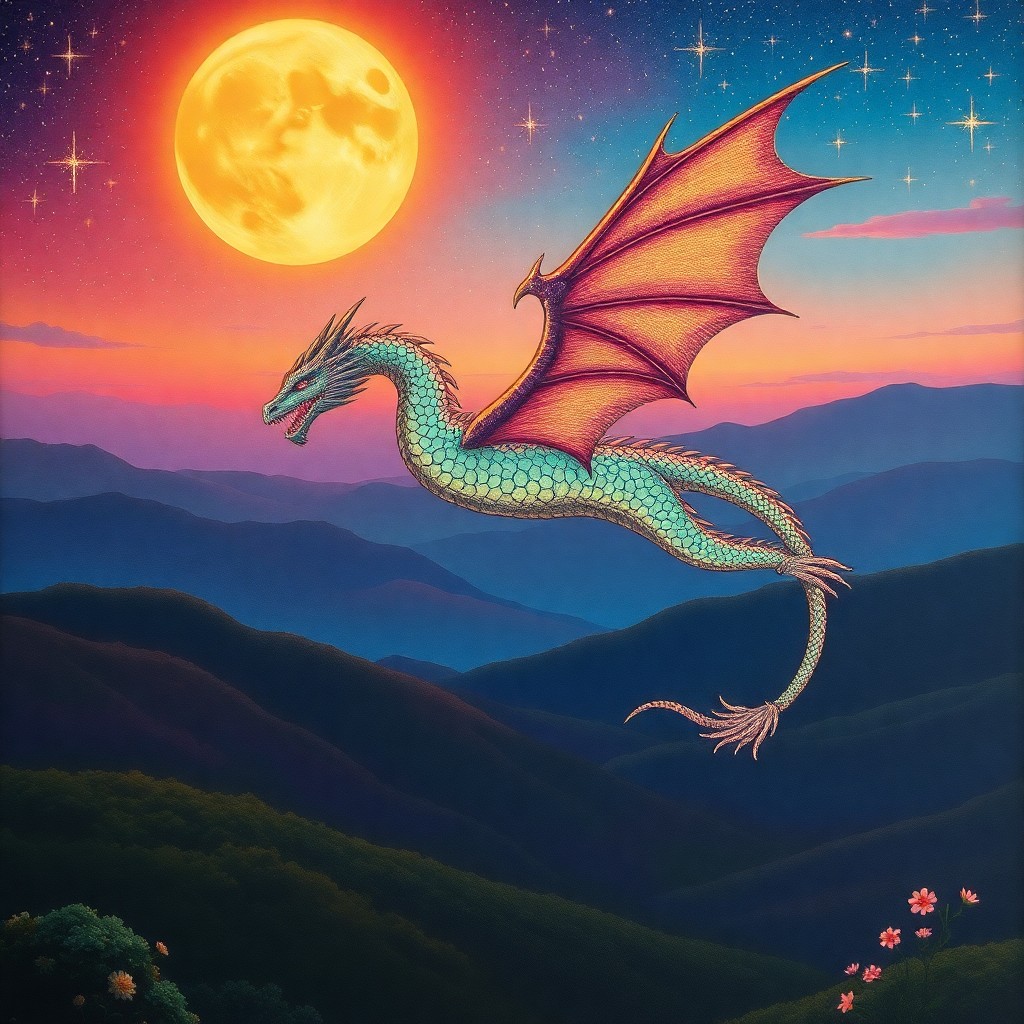 AI generated art for prompt: A majestic dragon soars through a vibrant, starlit sky at twilight, its iridescent scales shimmering