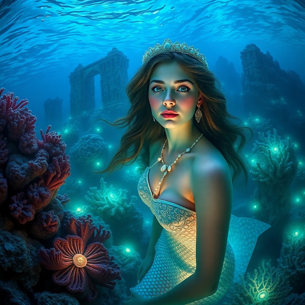 AI generated art for prompt: Visualize an alluring underwater realm reminiscent of mid-19th-century illustrations, observed from 