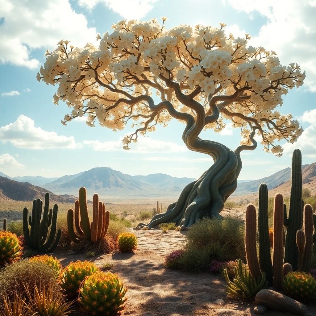 AI generated art for prompt: A mesmerizing digital artwork captures a surreal landscape where an exuberant desert converges with 