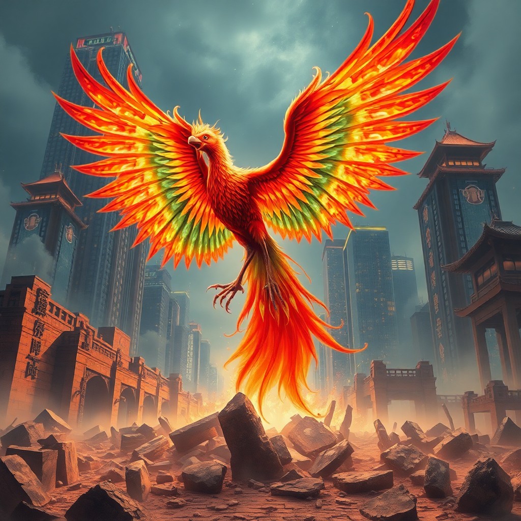 AI generated art for prompt: Imagine an elaborate digital artwork featuring a regal phoenix emerging from the remnants of a crumb