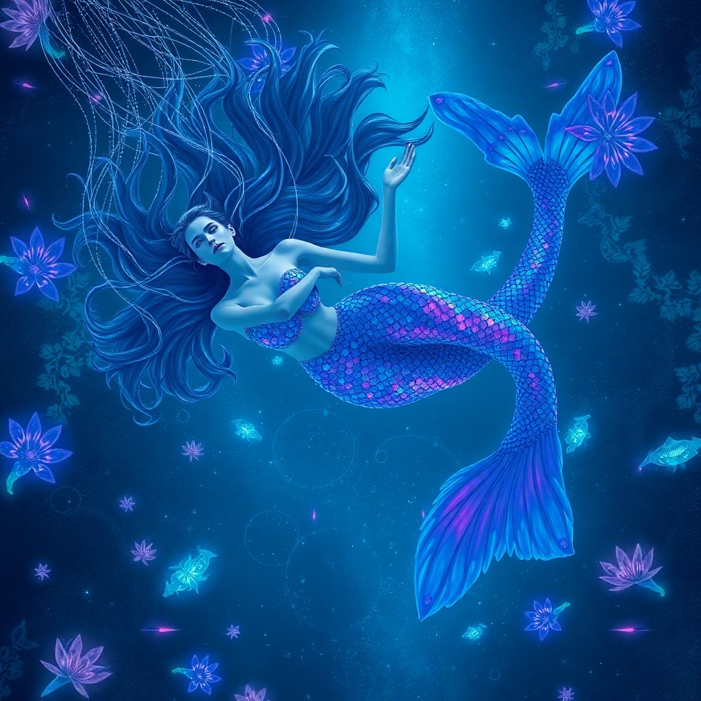 AI generated art for prompt: A captivating digital artwork portrays an alluring celestial mermaid with scales reflecting a kaleid