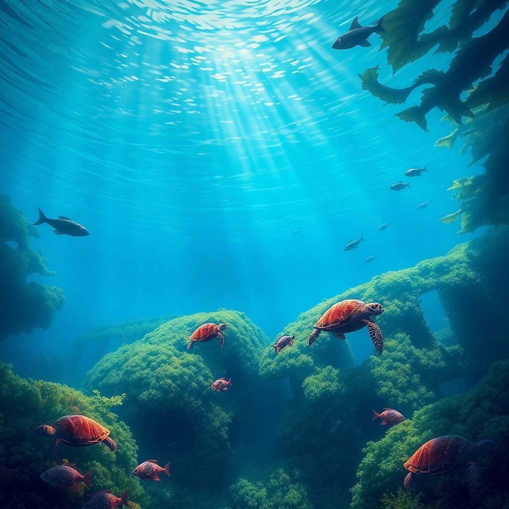 AI generated art for prompt: Visualize an idyllic underwater scene rendered in the digital art style, where sunlight pierces thro