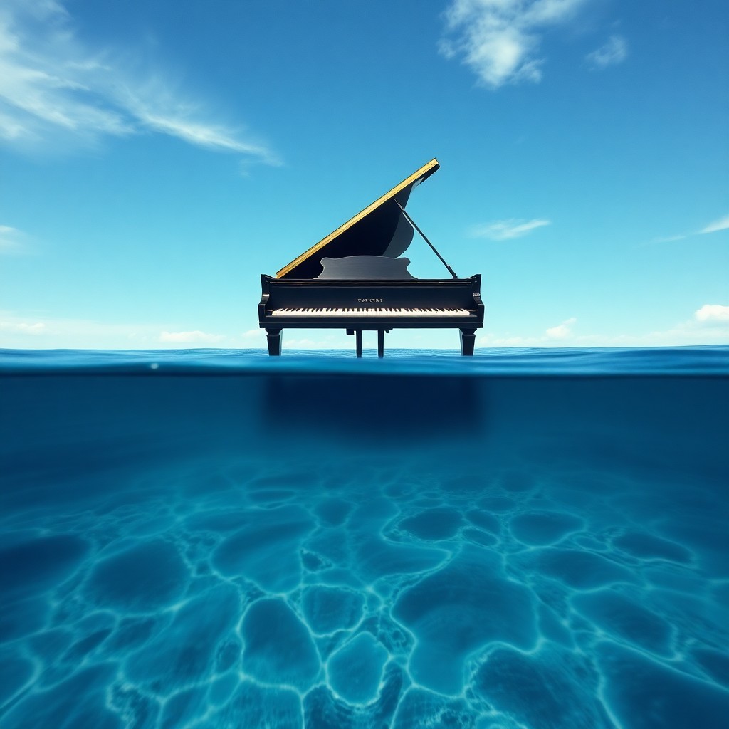 AI generated art for prompt: Envision an enchanting dreamscape featuring a grand piano mysteriously floating above a serene ocean