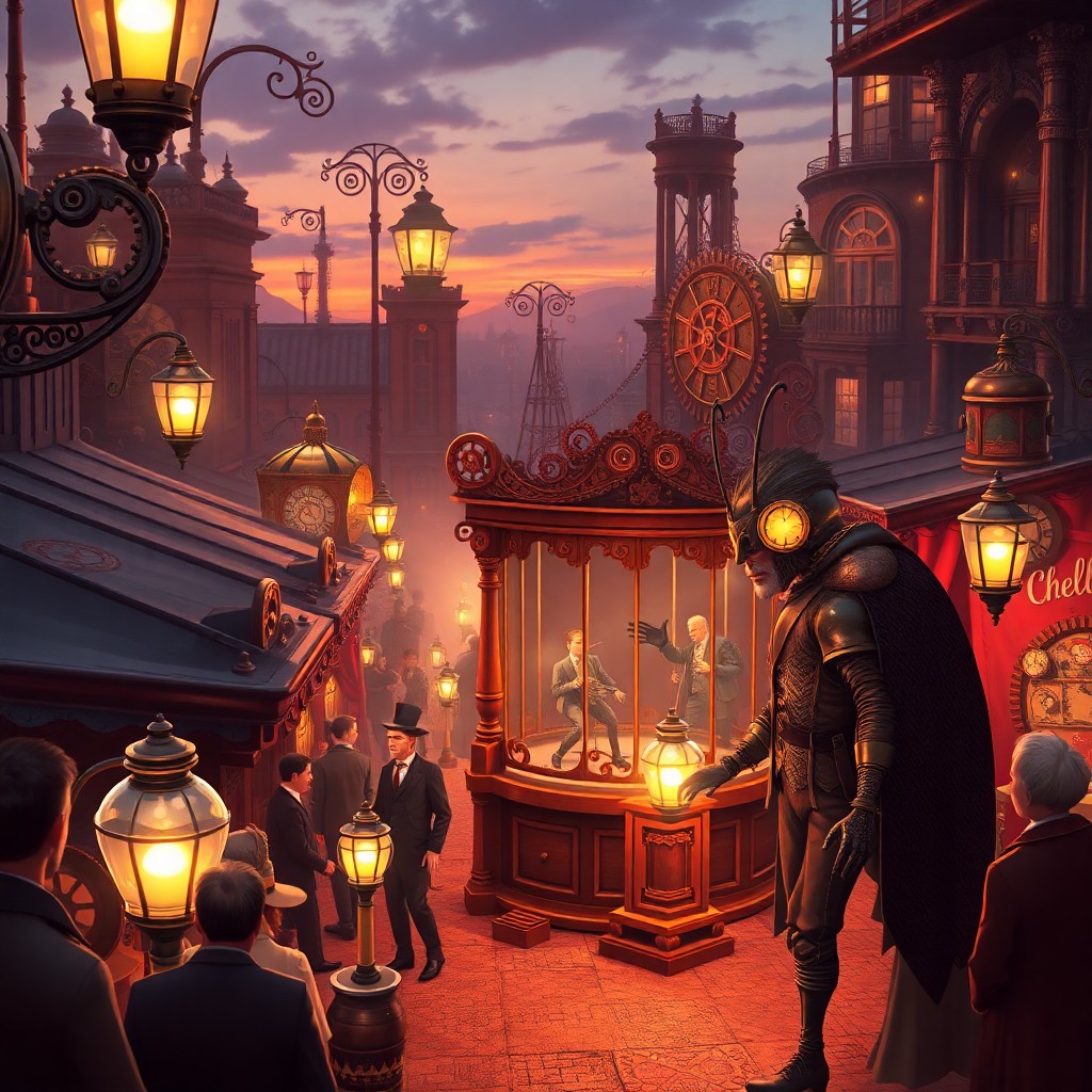 AI generated art for prompt: Envision an animated steampunk bazaar at dusk, viewed from an elevated mechanical insect's viewpoint