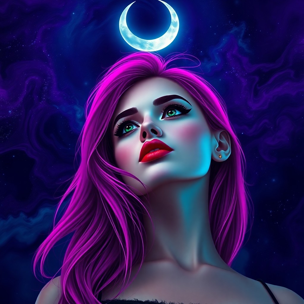 AI generated art for prompt: A mesmerizing digital art portrait showcases a young woman with vivid magenta hair flowing down her 