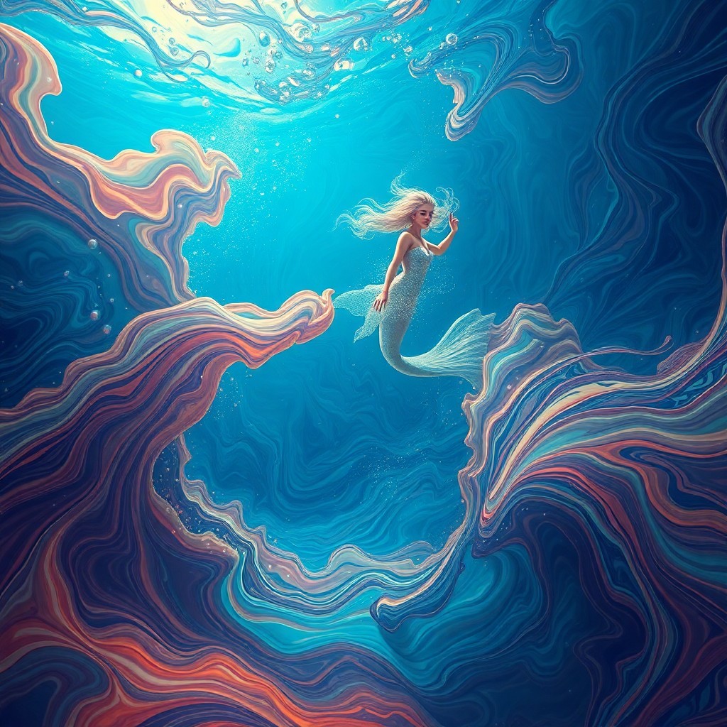 AI generated art for prompt: An image showcasing an enchanting underwater domain, highlighting a mermaid effortlessly gliding thr