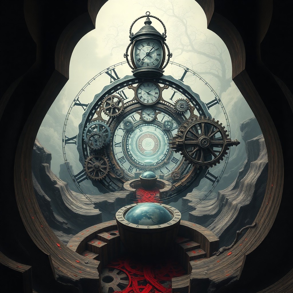 AI generated art for prompt: Create an image depicting a surreal dreamscape featuring a colossal timepiece with intertwining gear