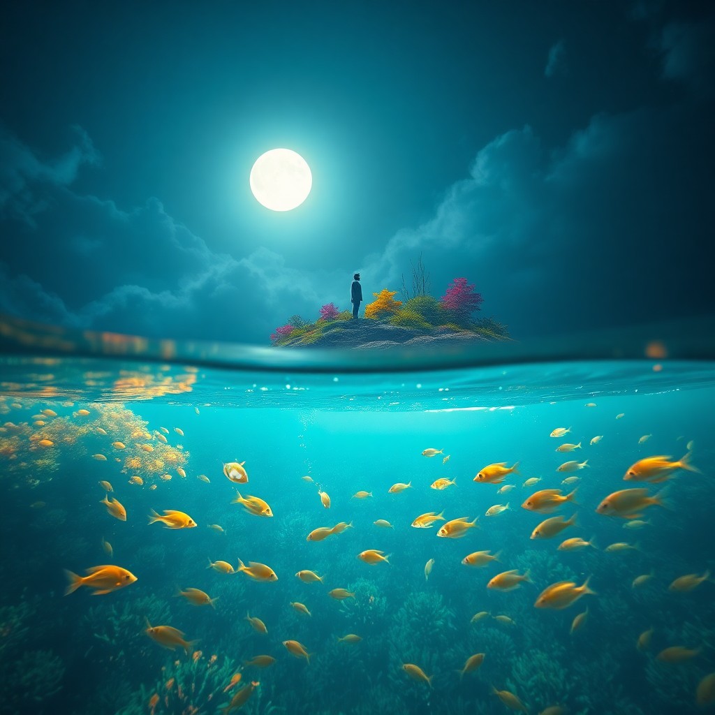 AI generated art for prompt: A serene underwater scene depicting a lone figure standing on a beach surrounded by vibrant, otherwo