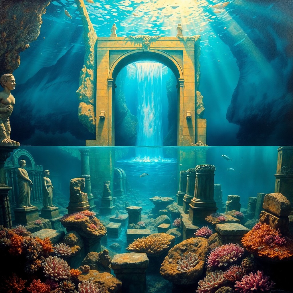 AI generated art for prompt: An oil painting masterpiece captures an otherworldly underwater realm where a forgotten city rests b