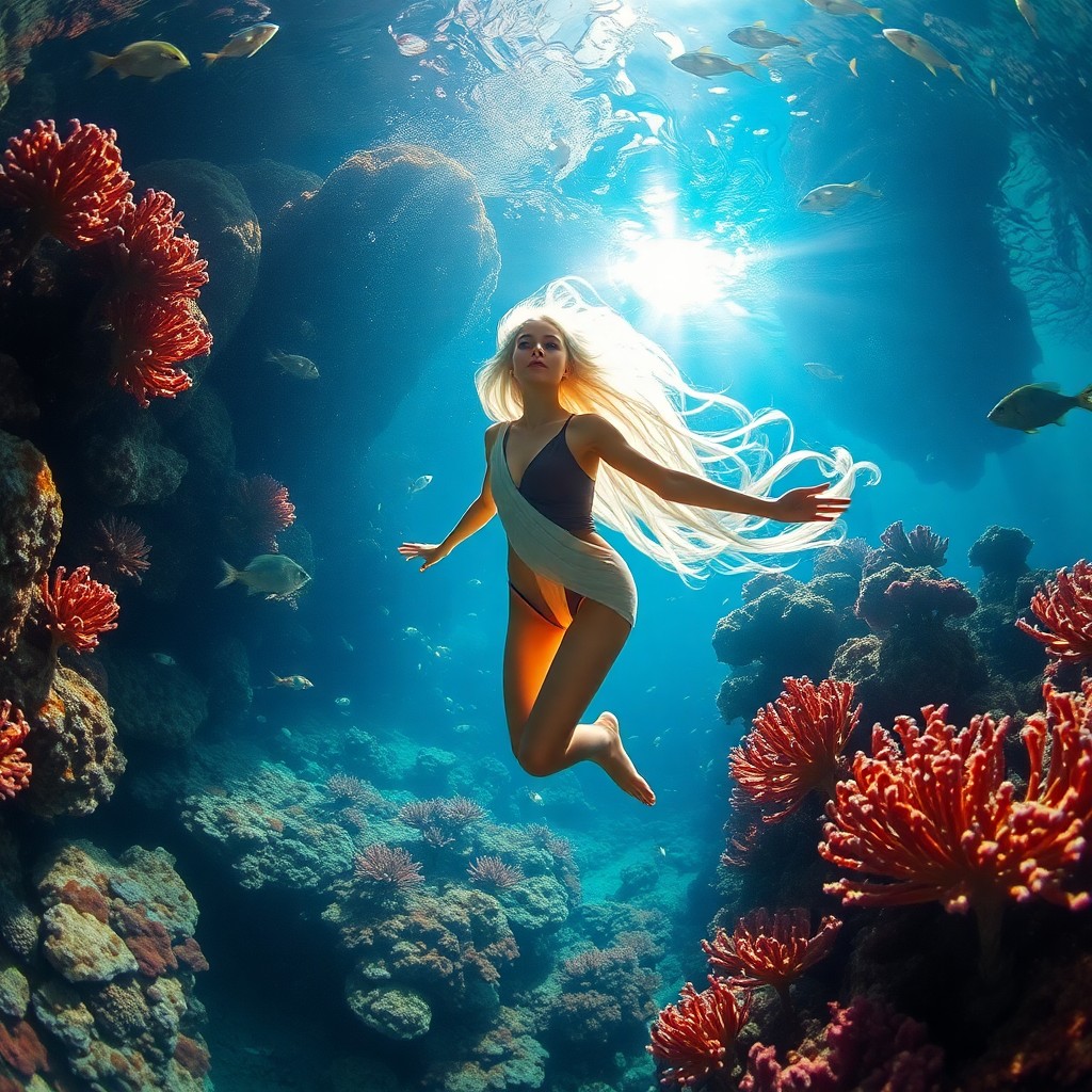 AI generated art for prompt: Imagine an underwater scene reminiscent of surrealist dreamscapes, captured from a unique perspectiv