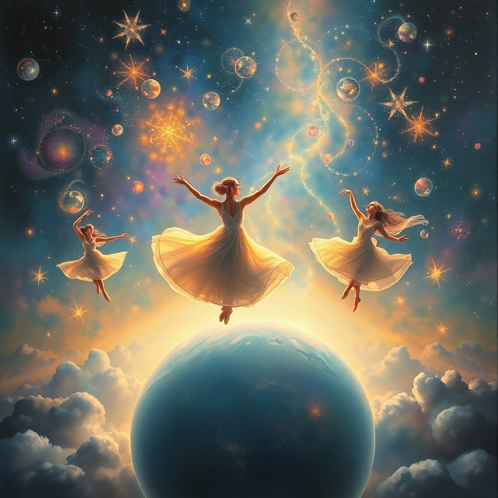 AI generated art for prompt: A mesmerizing oil painting captures an ethereal celestial dance, where graceful dancers in shimmerin