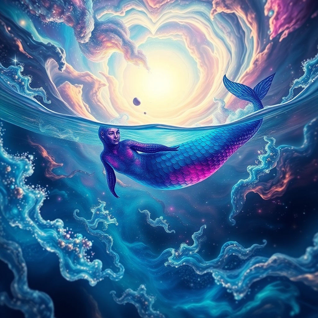 AI generated art for prompt: An enchanting digital piece depicting an ethereal aquatic creature with scales radiating mesmerizing