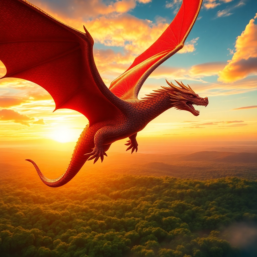 AI generated art for prompt: A digital artwork depicting a magnificent dragon gracefully gliding through an awe-inspiring sunset 