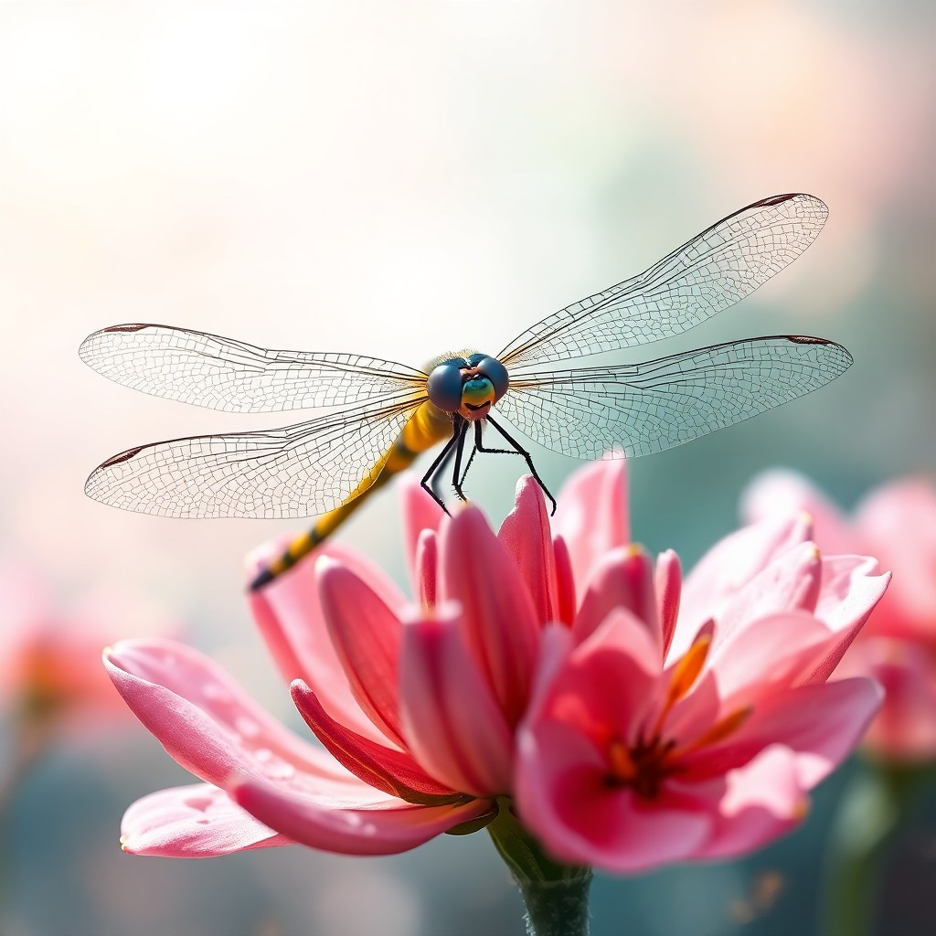 AI generated art for prompt: A mesmerizing digital art composition presents an enchanting dragonfly poised on a blossoming flower