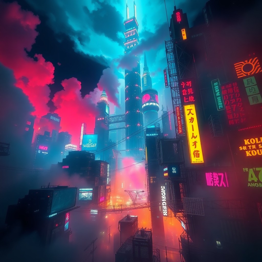 AI generated art for prompt: An immersive cyberpunk landscape emerges from an insect's eye-level perspective, melding the gritty 