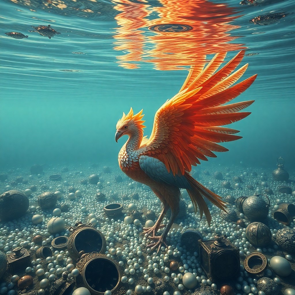 AI generated art for prompt: Create an enchanting surreal image depicting a majestic phoenix emerging from a serene lake as dawn'